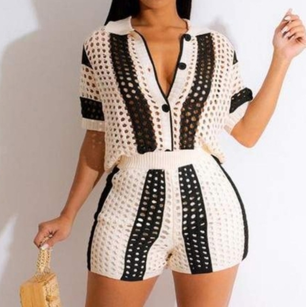 Crochet knit shirt & short set
